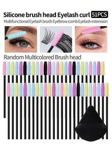 51PCS Silicone Eyelash Brushes Set With Powder Puff Multicolor Disposable Mascara Wands Spoolies For Eyebrow Grooming - Multicolor - View 9