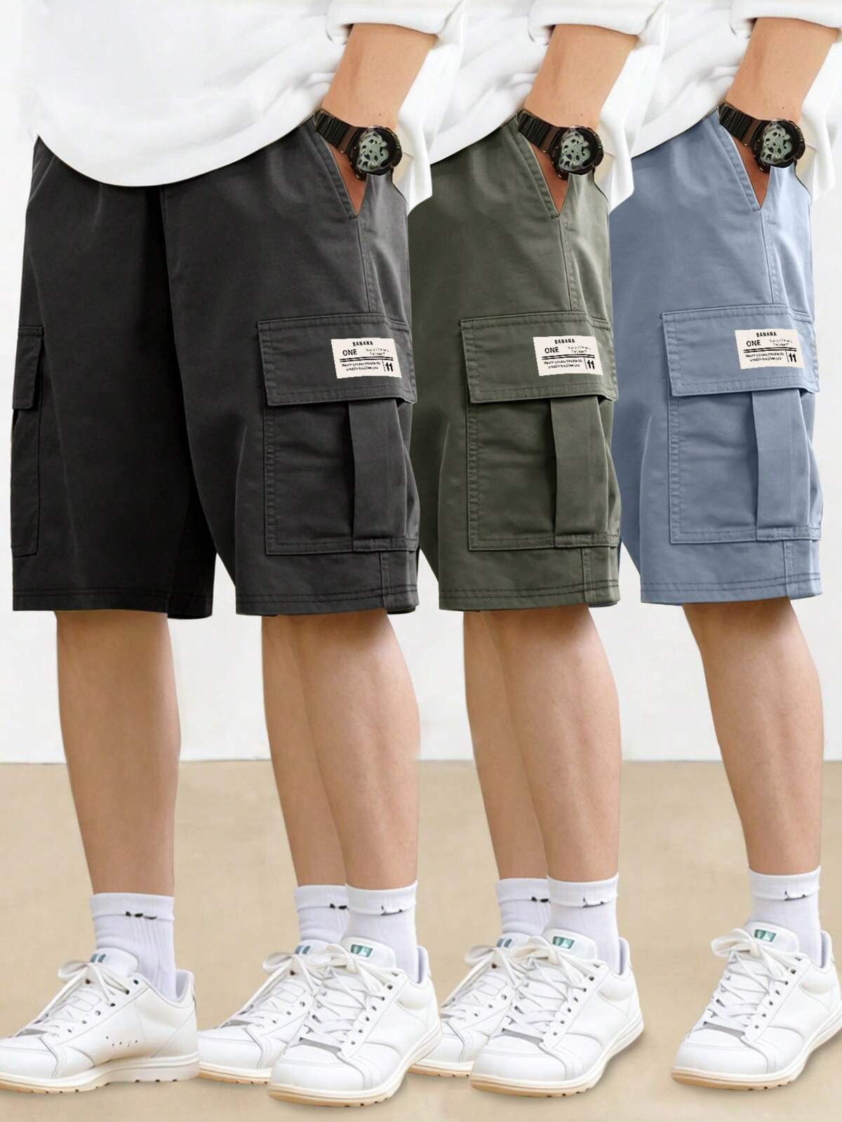 3 pièces Ensemble de shorts cargo de sport décontractés pour adolescents, printemps et automne 9