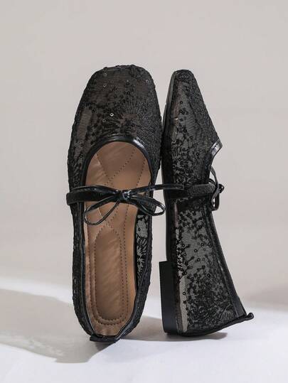 Giày Mary Jane ren Pháp, mũi vuông, lưới, đính sequin, trang trí nơ, đế bằng, đế mềm mại thoải mái, giày đi làm, giày nữ thanh lịch, mùa xuân/hè