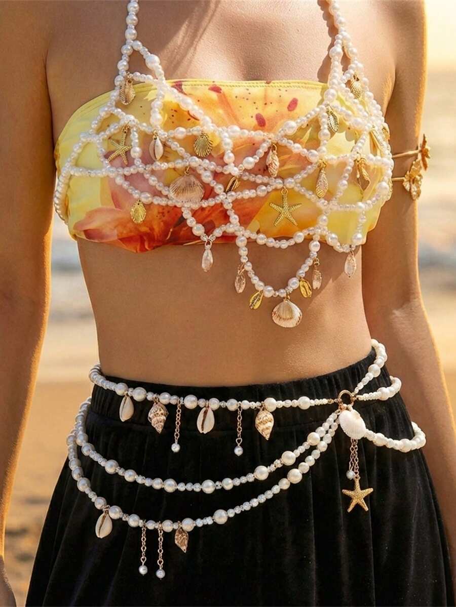 1件夏季贝壳珍珠串珠胸链，适合女士海滩度假穿着 - 白色 - 查看 1