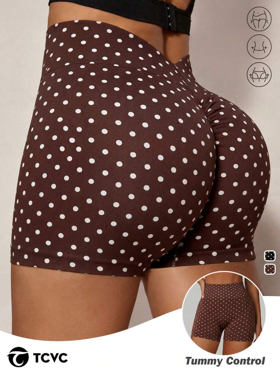 TCVC Women's Seamless Polka Dot Contrast Color High Waist Slimming Shaping Sports Shorts, V-Shaped Waist Peach Butt High Elasticity Fitness Cycling Pants, One-Piece Waist Cinching Yoga Leggings Suitable For Yoga, Fitness, Running, Cycling, Aerobics, Home, Commuting And All Scenarios