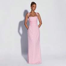 2026 New Sakura Pink Square Neck Sequin Gown, Slim-Fit Waist Mermaid Long Dress, Red Carpet Runway Party Evening Wear AUI7 - Hồng - Xem 1