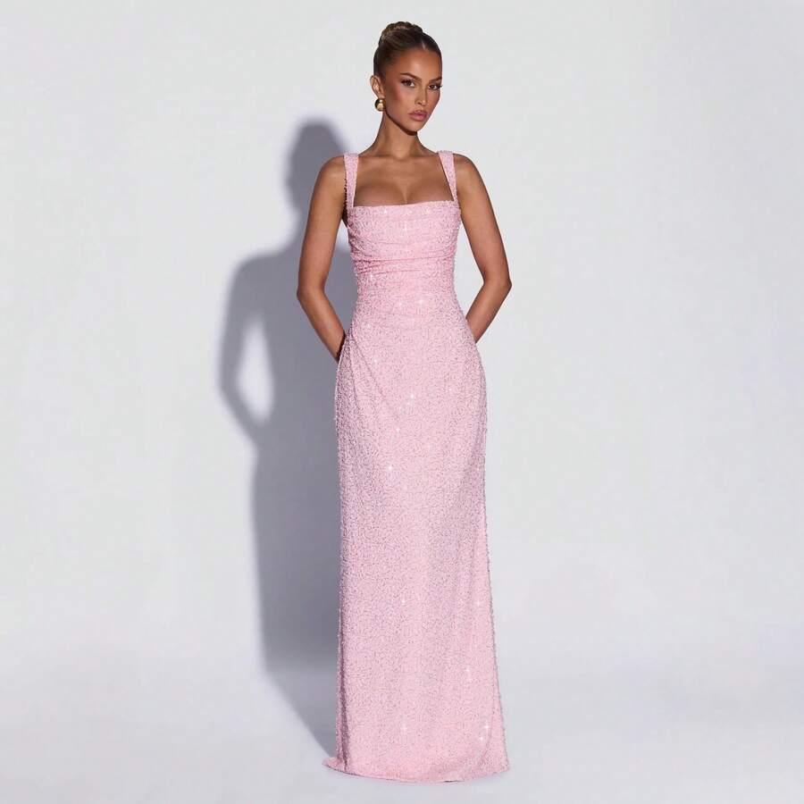 2026 New Sakura Pink Square Neck Sequin Gown, Slim-Fit Waist Mermaid Long Dress, Red Carpet Runway Party Evening Wear AUI7 - Hồng - Xem 1