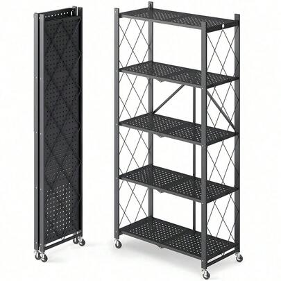 3/4/5 estantes de almacenamiento plegables con ruedas, estantería de gran capacidad, estantería de metal independiente, organizador sin montaje para garaje, cocina, sótano, despensa (negro)