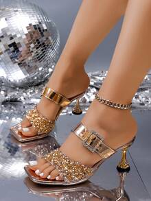 Sandalias de tacón alto con punta cuadrada y rhinestones para mujer, con tira de metal de una sola pieza, adecuadas para fiestas y banquetes - Champán - Ver 3