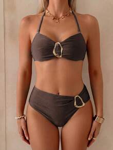 Conjunto de bikini bandeau de unicolor con decoración metálica para mujer, adecuado para vacaciones en la isla, fotografía, playa de natación en verano - Marrón Chocolate - Ver 1