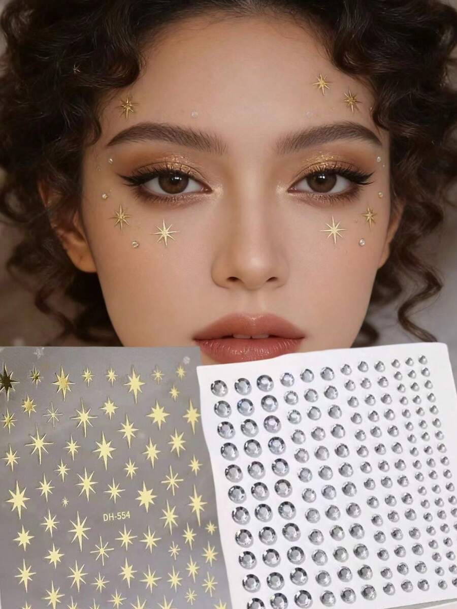 1pc Luxury Gold Star Face Sticker, Transparent Crystal Combination, Music Festival/Gala Makeup Decor, Stage Makeup Eye Decoration, Party Atmosphere Makeup Sticker,Concert Look,Face Gems - Multicolor - View 1