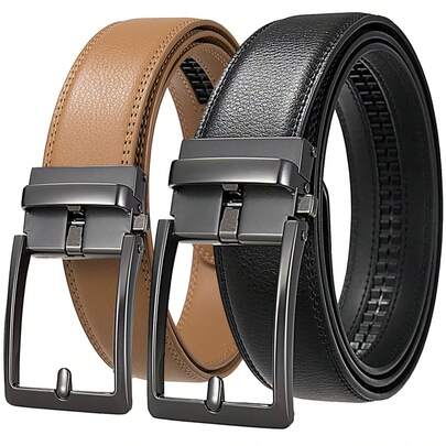 Men's Genuine Leather Belt With Automatic Ratchet Buckle - Adjustable Comfortable Fit, Business Casual Style, Black & Brown - High-Quality Gift For Christmas, Birthday, Father's Day, Professional Accessory, Fashionable Texture