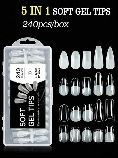 240PCS Box 5-In-1 Clear Semi-Matte Matte Soft Gel Nail Tips, 12 Sizes Full Cover Clear Acrylic Fake Nails, Almond Square Stiletto Coffin Round Nail Extensions, Pre-Shaped No File For Salon Home DIY, Beginner Friendly For Women Girls