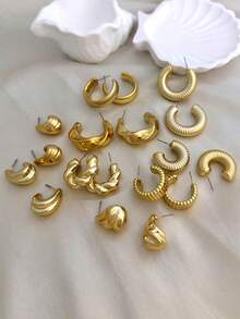 6-18件金色纹理多元素耳环套装，时尚百搭，适合外出、约会和聚会。 - 金色 - 查看 2