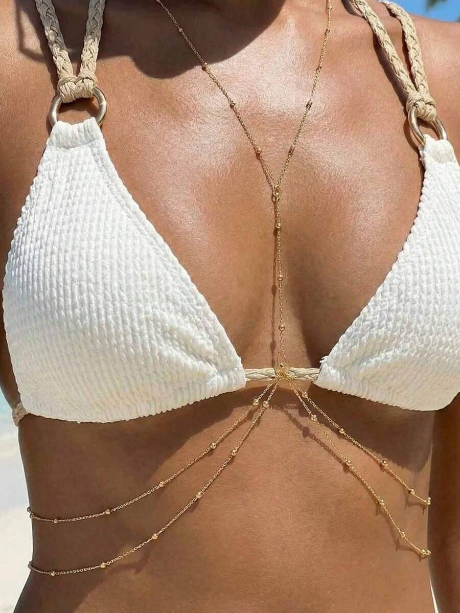 1pc Versatile Sexy Multilayer Beaded Chain Waist Chain, Suitable For Women's Beach, Resort, Party And Gathering Wear - Gold - View 1