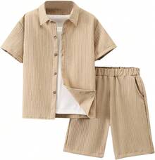 Boys 2 Piece Textured Linen Outfit Summer Short Sleeve Button Down Shirt & Shorts Set Beach Vacation Casual Clothes - Màu be - Xem 1