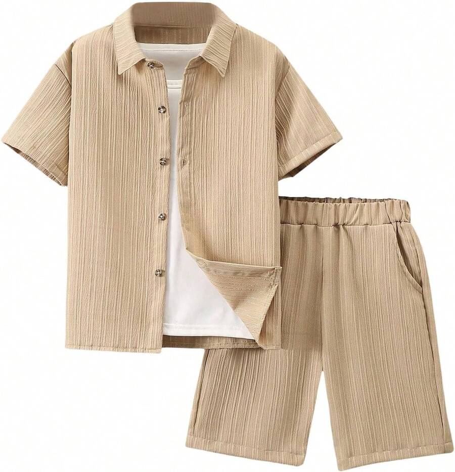 Boys 2 Piece Textured Linen Outfit Summer Short Sleeve Button Down Shirt & Shorts Set Beach Vacation Casual Clothes - Màu be - Xem 1