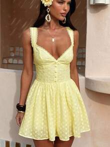 Women's Summer Mini Dress Stylish Solid Lace Trim Flower Embroidered Hollow Details Sleeveless V Neck A Line Dress Casual Boho Vacation Beach Date Party Outfit - 黃色 - 查看 3