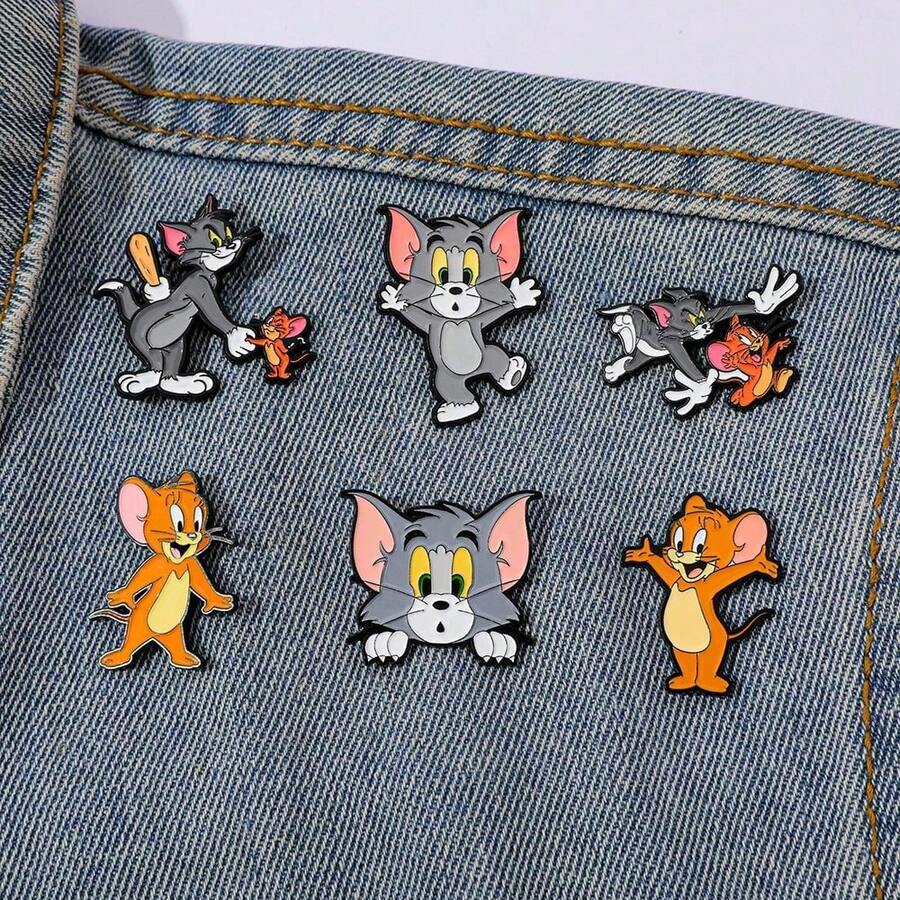 Bộ 1/6 ghim cài áo hình Tom và Jerry hoạt hình hài kinh điển của Warner Bros, huy hiệu kim loại tráng men, phụ kiện trang sức, quần áo, ba lô, quà tặng.