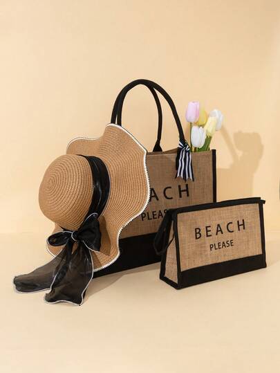 3件/2件/1件个性化伴娘包及挂饰，亚麻手提袋，伴娘礼品袋，单身派对包，沙滩包，礼品袋，新娘送礼会包，字母印花沙滩手提袋，送给朋友、女性、职场新人及上班族的理想礼物，适合周年纪念日、节日及其他场合。大号手提袋，送给女性的理想礼物。时尚波浪向日葵遮阳帽套装，夏季必备。