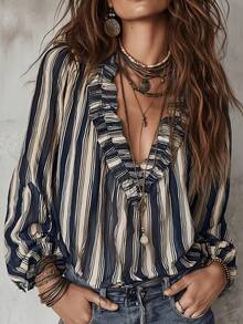 Women's New Bohemian Striped Shirt With Ruffle Hem Vacation - Black and White - View 1