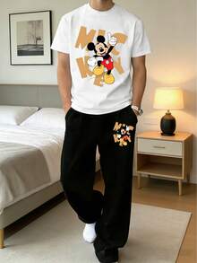Disney 男士休闲印花家居服套装，常规短袖T恤和喇叭裤，两件套 - 黑與白 - 查看 1