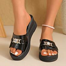Sandalias de cuña con tacón de plataforma abierta con decoración de strass, cómodas sandalias de verano con suela de cuña para uso diario, con estampado de cocodrilo negro - Negro - Ver 3
