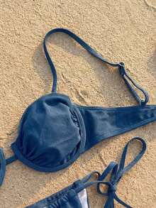 Women's 2-Piece Blue Underwire Ruched Bikini Set, Fashionable Elegant Casual Swimwear, Suitable For Beach Vacation Party - Blue - View 5