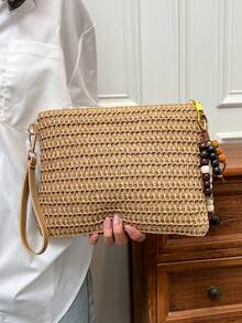 Beaded Flower Decor Straw Clutch Envelope Bag, Beach Style Zipper Wristlet, Beach Photo Prop, Woven Daily Commute Organizer Pouch, Beach Carry-All Phone Bag - Khaki - View 3