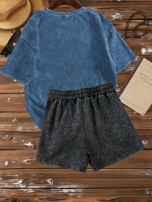 Soft & Comfy Casual Fashion Ensemble For Women Featuring A  'Leopard Print Heart' Design On A T-Shirt And Shorts, Perfect For Street Wear, Weekend Outings, And Those Who Appreciate A Stylish Vintage Appearance With Distressed Materials Free People Inspired Clothes Summer Tops - 混合色 3 - 查看 2