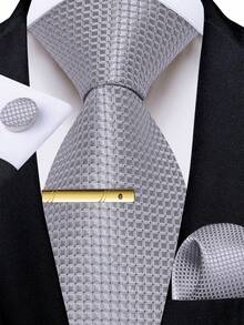 Men's Silver Grey Plaid Tie Set – Includes Pocket Square, Cufflinks & Gold Tie Clip, Bold Formal Necktie For Celebrations,Festival,Fathers Day Gift - Light Grey - View 1