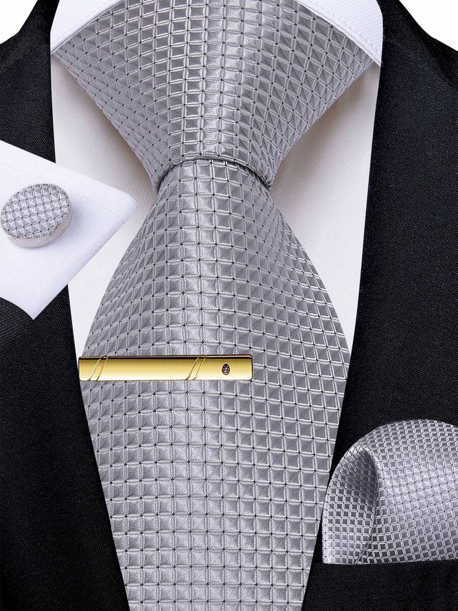 Men's Silver Grey Plaid Tie Set – Includes Pocket Square, Cufflinks & Gold Tie Clip, Bold Formal Necktie For Celebrations,Festival,Fathers Day Gift - Light Grey - View 1