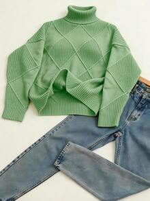 Plus Size Solid Color Turtleneck Long Sleeve Sweater, Autumn/Winter - Mint Green - View 4