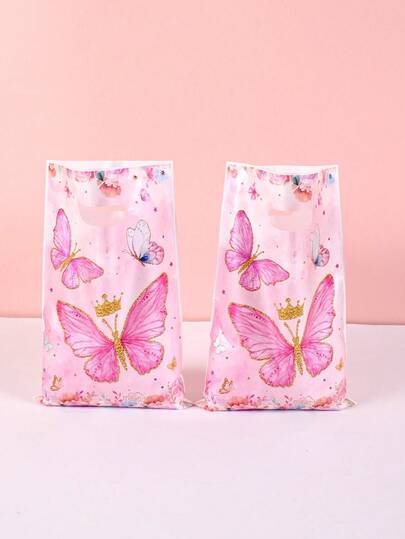 10/20/50 piezas Bolsas de regalo con mariposas rosas, bolsas de plástico con estampado floral y asas, adecuadas para bolsas de regalo de boda, suministros para fiestas de baby shower de niñas, bolsas de fiesta de cumpleaños temáticas de mariposas para niños