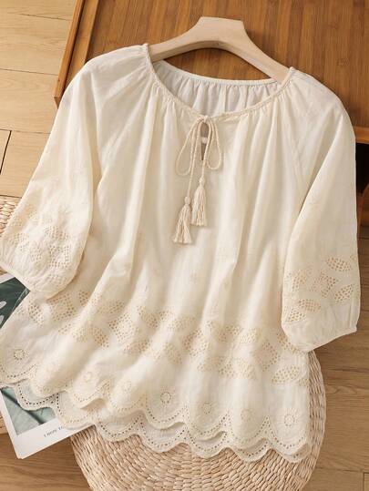 BaoLianDuo Regalo para mamá Blusa elegante de encaje de ojal, top de manga 3/4 relajado para salidas de primavera, vacaciones y reuniones familiares