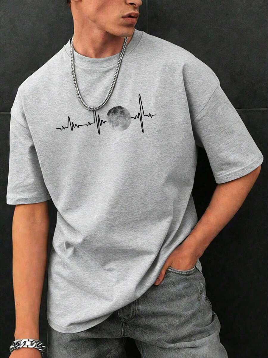 Men's Casual Fashionable Street Daily Commute Moon & Electrocardiogram Print Loose Short Sleeve T-Shirt, Summer - Grey - View 1