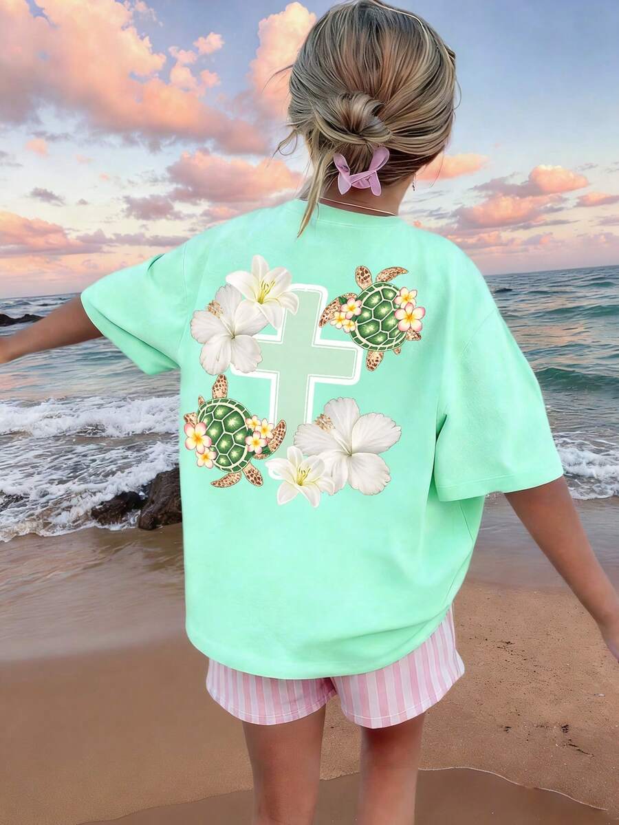 女童夏季薄荷绿宽松短袖T恤，露背交叉海龟热带花卉印花沙滩度假休闲纯棉T恤，少女上衣 - 薄荷綠 - 查看 1