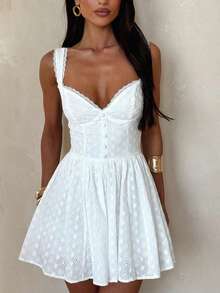 Women's Summer Mini Dress Stylish Solid Lace Trim Flower Embroidered Hollow Details Sleeveless V Neck A Line Dress Casual Boho Vacation Beach Date Party Outfit - 白色 - 查看 4