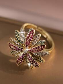 jealous young 1pc Elegant Multi-Color Cubic Zirconia Floral Design Women's Wedding Ring, Fashionable Jewelry For Daily, Commute, Vacation - Multicolor - View 7