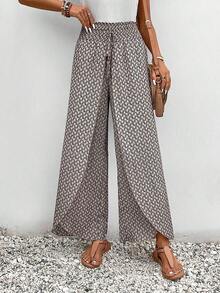 Frenchy Allover Print Knot Waist Tulip Hem Wide Leg Baggy Cross Over Pants Winter Chic Brown Casual Spring - Màu Khaki - Xem 5