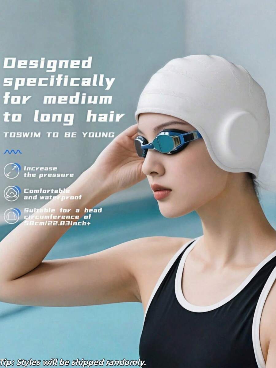 2D/3D Unisex High Elastic Silicone Waterproof Anti-Slip Ear Protection Swimming Cap With Ear Plugs & Nose Clip, Minimalist Sports Style Beach Essential (Random Delivery)