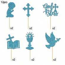 12pcs Paper Cake Decorations - Glitter Doves, Chalice, Bible, Christening, First Communion, Baptism, Baby Shower, Birthday Party Cake Decor - Multicolor - View 12