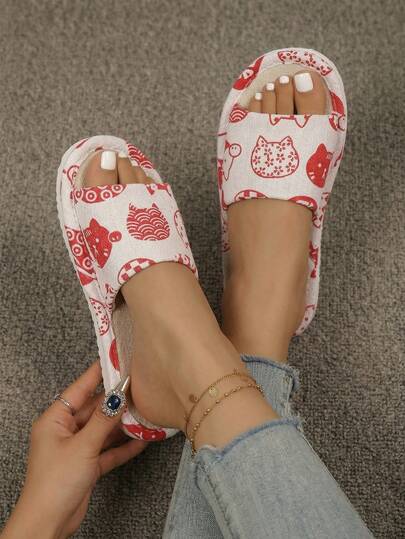 新款春夏露趾透气轻便防滑拖鞋，可爱随机猫咪图案，舒适室内/室外情侣款