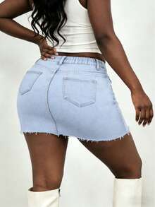 Plus-Size Women's Denim Skirt Casual Straight Burr Skirt Joker New Slim Skirt In Summer Daily Street Seaside Holiday. - 淺色水洗藍 - 查看 2