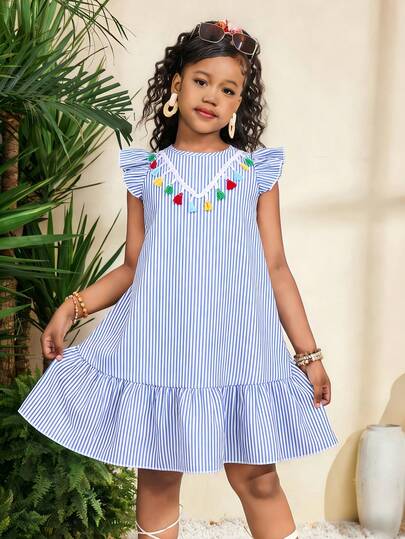 Girls' Colorful Tassel Striped A-Line Dress With Ruffle Sleeves, Suitable For Vacation, Daily Wear, Children's Day Performance, Theme Party, Outdoor Camping. Unique And Fashionable Style.