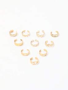 10pcs Bohemian Beach Vacation Metal Open Geometric Line Heart Hollow Carved Toe Rings Set - Gold - View 3
