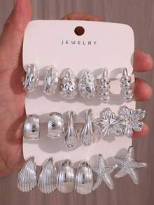 6/18pcs Silver Flower, Starfish & Assorted Fashionable Earring Set For Women, Luxury Elegant Minimalist Design. Beautifying Oneself Is Not To Please Others, But To Boost Self-Confidence And Happiness. - Silver - View 8