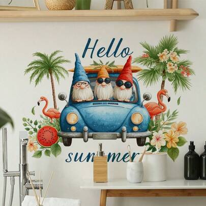 1 Miếng Dán Tường Hello Summer Gnome, với họa tiết người lùn, hoa, xe hơi, cây cọ, đà điểu và thuyền buồm, dùng để trang trí phòng khách, phòng ngủ, cửa sổ, tường, cửa ra vào. Sản phẩm sử dụng một lần, miếng dán PVC tự dính, có thể tháo rời.