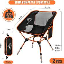 2 pezzi Sedia da campeggio portatile, ultra leggera e pieghevole, carico massimo 130 kg, adatta per campeggio, giardino, spiaggia, pesca, picnic, viaggio (arancione) - Arancione - 1 pz - Visualizzare 10