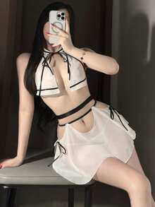 1件上衣+1条半裙，性感镂空吊带黑白撞色透视腰半裙，简约性感风格，火辣女孩气质 - 白色 - 查看 9