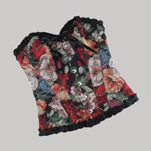 1pc Black Vintage Floral Jacquard Bandeau Top, Lace Bow Tie Waist Corset Crop Top, French Chic Party Wear, Spring/Summer Vacation - Black - View 8