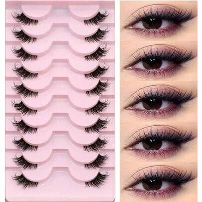 10对短款柔软3D水貂毛假睫毛，透明梗，猫眼款式，自然妆效（10B-4），假睫毛条