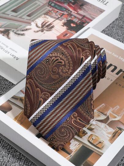 1 pieza Corbata hecha a mano para hombre de color marrón vintage, con un patrón de remolino de flores de anacardo (estilo paisley europeo clásico) en diagonal, con rayas anchas de color azul marino intercaladas con cuadros blancos y negros, y espiga marrón-roja.