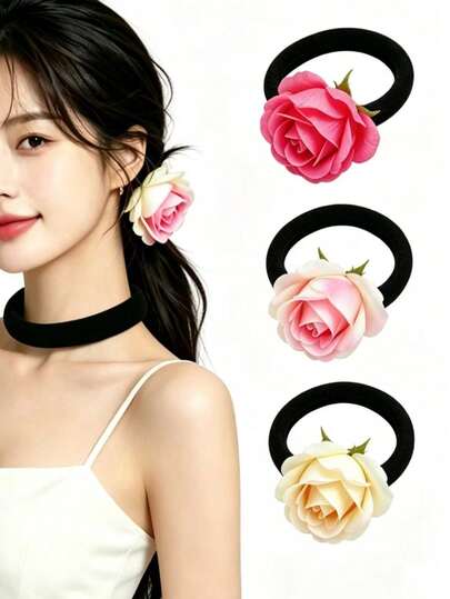 3 chiếc dây buộc tóc hoa hồng thanh lịch dành cho nữ, 3 màu sắc khác nhau.